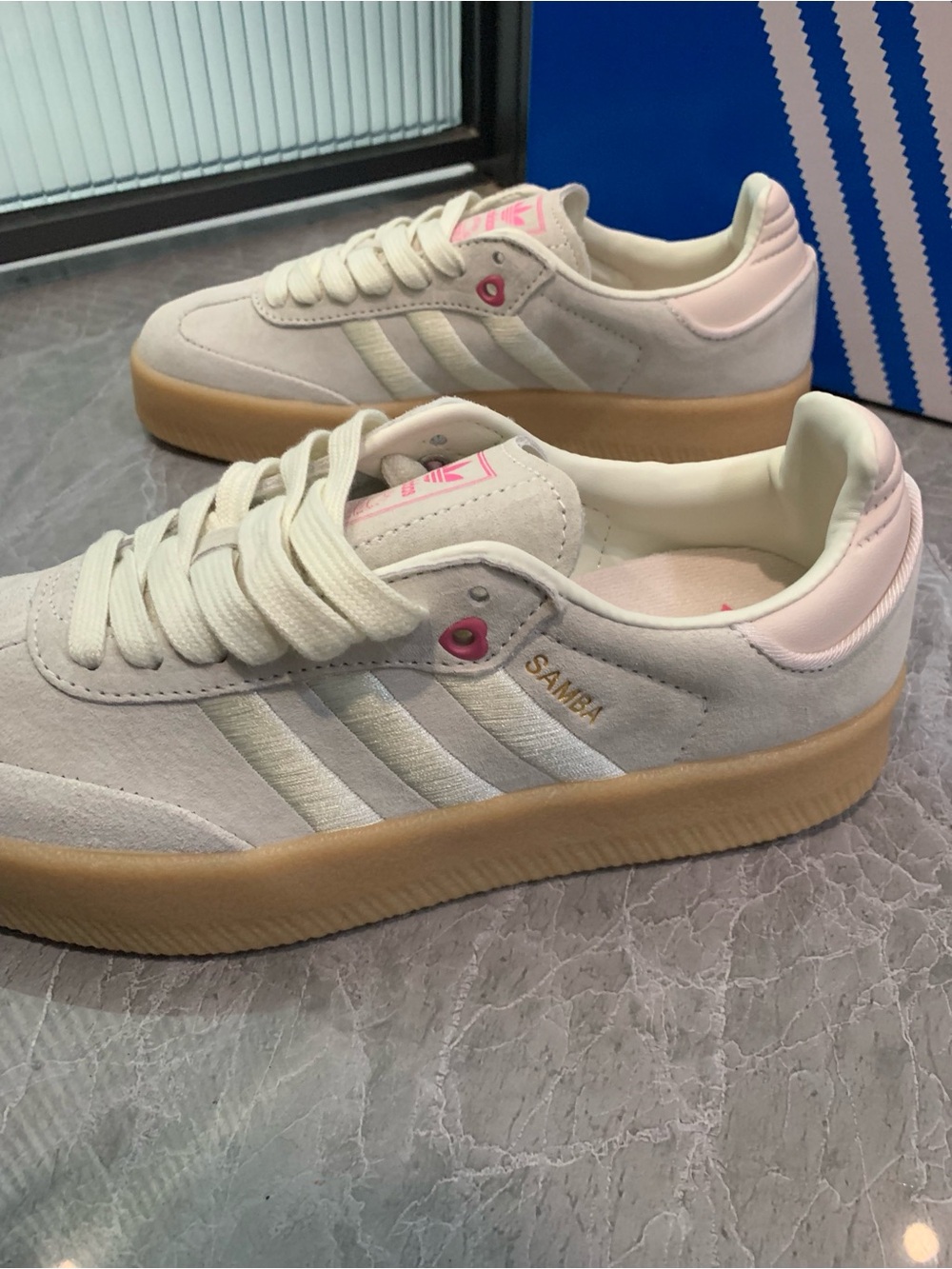 adidas Samba Cream Suede Sneakers with Pink Accents and Gum Sole - Picture 3 of 5